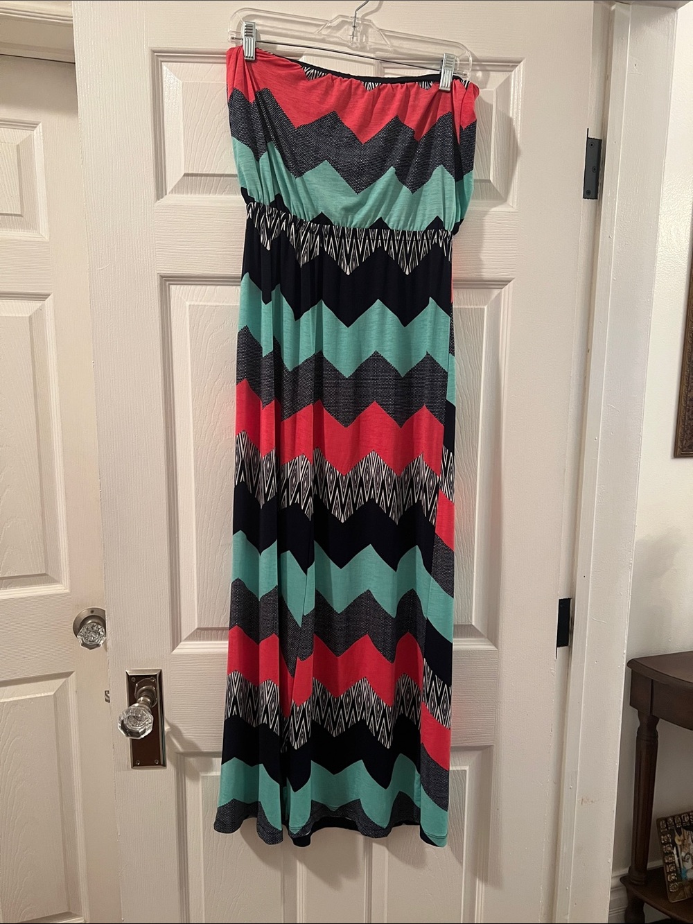 Windsor Strapless Chevron Maxi Dress in Coral, Teal & Navy - Picture 2 of 8